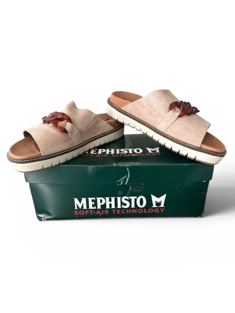 Mephisto Beverly Suede Slide Sandals EU 39 US 9 Sand Tan Tortoise Chain